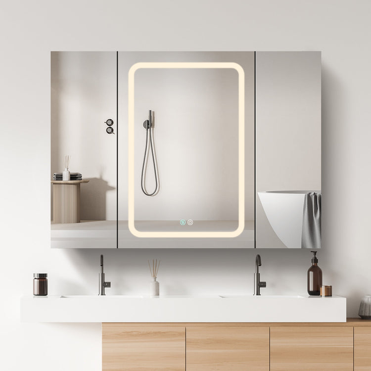 BESTGO Lighted Medicine Cabinets 40x30 inch LED Medicine Cabinet Mirror for Bathroom White Aluminum Surface Mount Anti-fogger Function 3 Color Temperature Adjustable Brightness