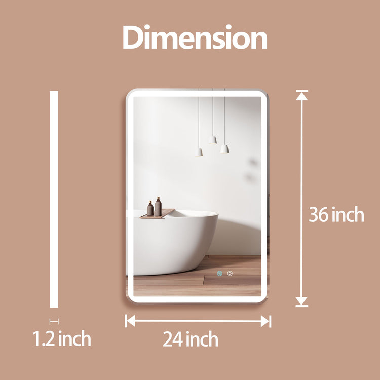 BESTGO 24 in. W x 36 in. H Large Rectangular Frameless Anti-Fog Dimmable Wall Mounted Lighted Bathroom Vanity Mirror in Silver