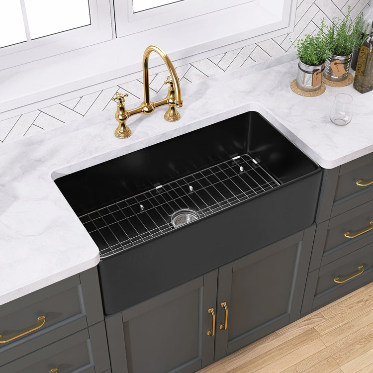 BESTGO Farmhouse Sink 30 Inch Fireclay Matte Black Kitchen Sink Apron Front Large Deep Single Bowl Farm house Sink with Accessaries Stainless Steel Bottom Grid and Kitchen Sink Drain