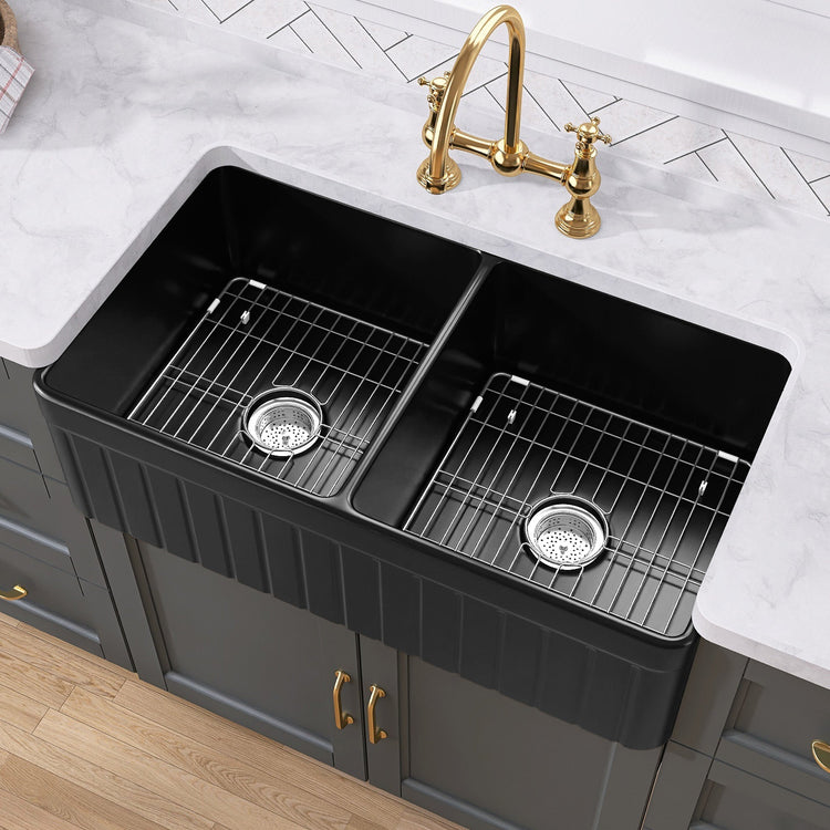 BESTGO Black Farmhouse Sink 33 inch Fireclay Apron Front Farm Sink Large Capacity Deep Double Bowl Kitchen Sinks with Accessories Protective Bottom Grid and Strainer