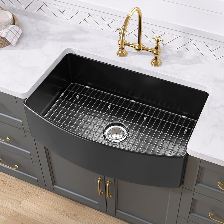 BESTGO Black Farmhouse Sink 33" L X 21" W Fireclay Apron Front Farm Sink Large Capacity Deep Curved Kitchen Sinks with Accessories Protective Bottom Grid and Strainer