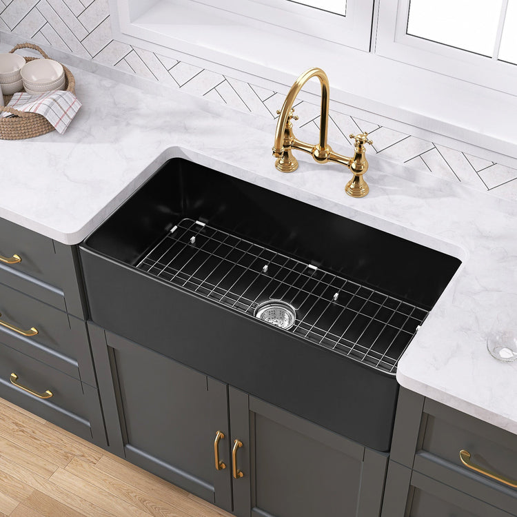 BESTGO Farmhouse Sink 33 Inch Fireclay Matte Black Kitchen Sink Apron Front Large Deep Single Bowl Farm house Sink with Accessaries Stainless Steel Bottom Grid and Kitchen Sink Drain