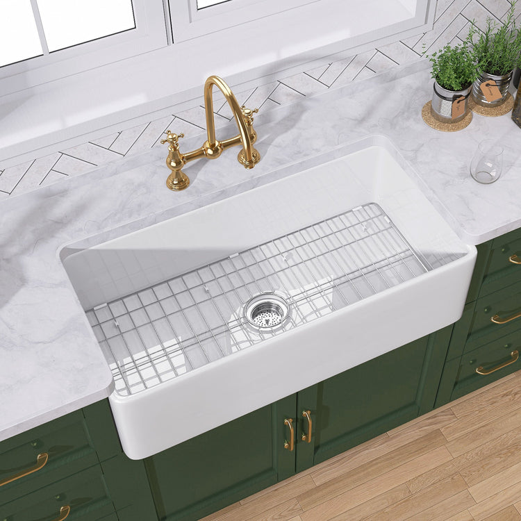 BESTGO White Farmhouse Sink 30 inch Fireclay Apron Front Single Bowl Kitchen Sink Deep Drop In Farm Sink Undermount with Custom Bottom Grid & Strainer Drain