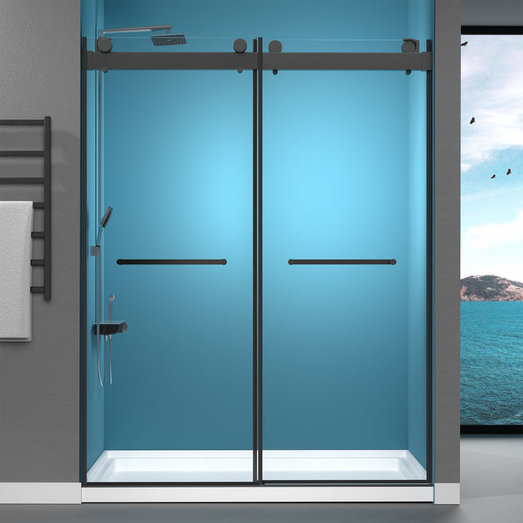 BESTGO Shower Door 69-72'' W x 79'' H Frameless Glass Shower Door Double Sliding with Upgraded Soft Close Anti-Jumping System 3/8 inch Tempered Glass Noiseless & Width Adjustable Matte Black