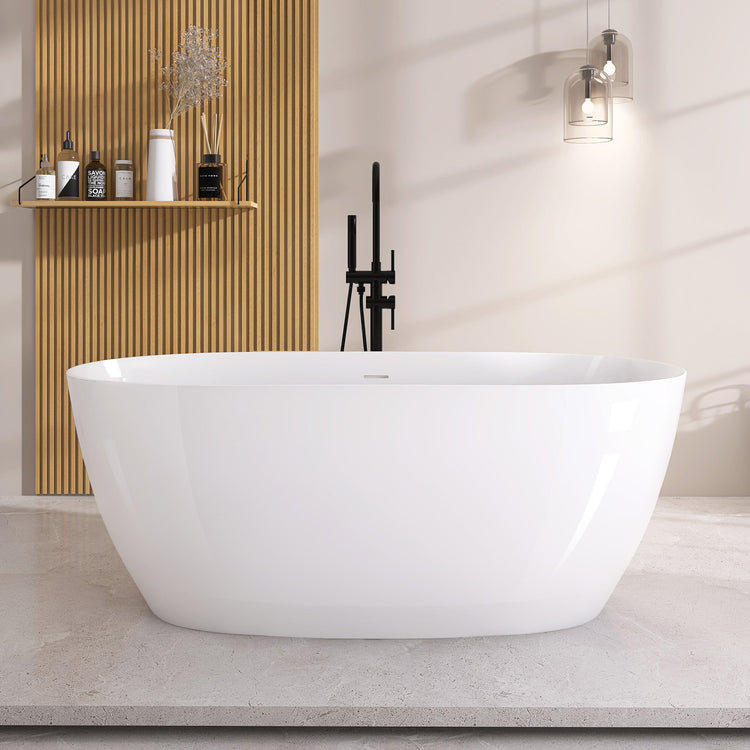 BESTGO Free Standing Tub Acrylic 55inch Curve Edge Freestanding Bathtub Adjustable Soaking Tub Alone with Integrated Slotted Overflow and Removable Chrome Drain Anti-clogging Glossy White