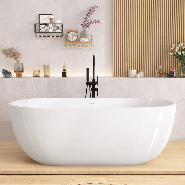 BESTGO Freestanding Bathtub 55 inch - Classic Oval Shaped Acrylic Free standing Tubs, Adjustable Soaking Tub with Linear Slotted Overflow and Removable Chrome Drain 55x29.5 Inch Glossy White