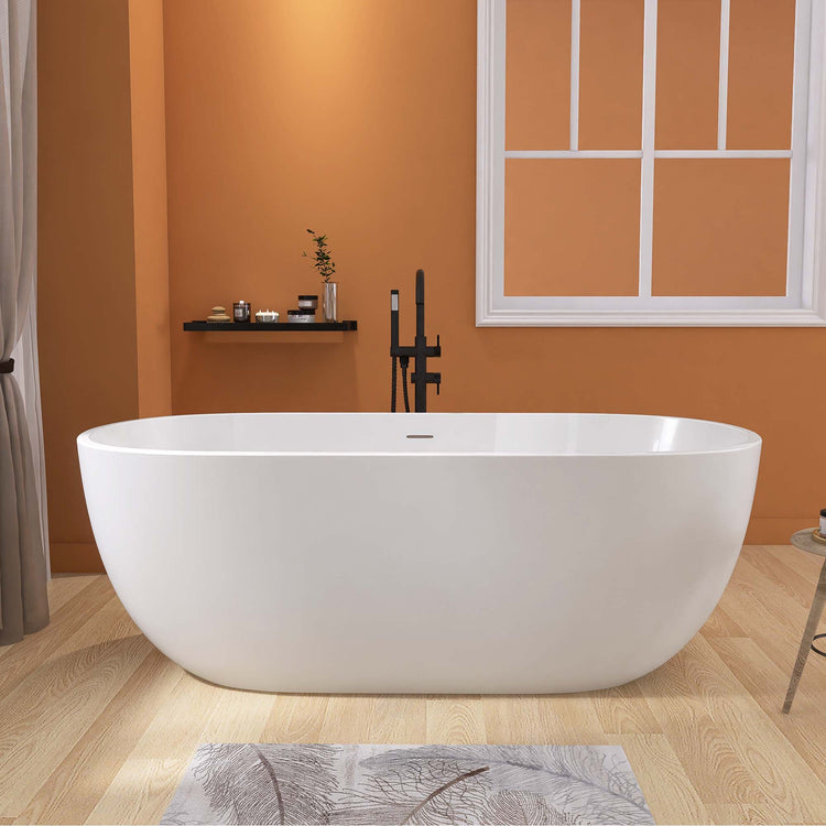 BESTGO Acrylic Free standing Tub 55 inch - Double Walled Insulation Freestanding Bathtub, Adjustable Soaking Tub with Linear Slotted Overflow and Removable Chrome Drain 55x29.5 Inch Matt White