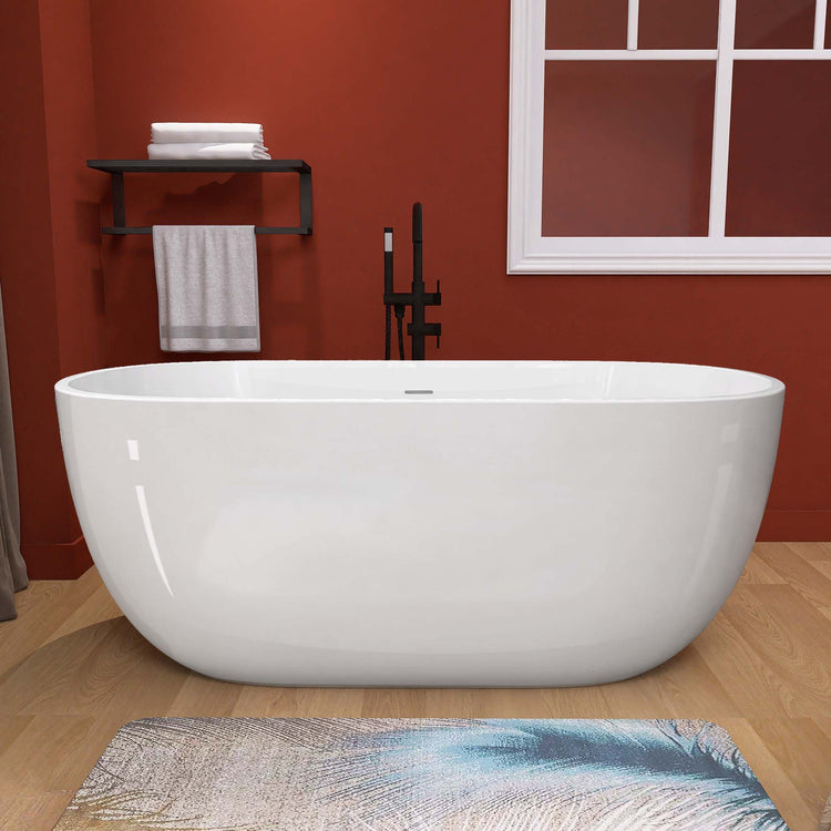 BESTGO Acrylic Free standing Tub 65 inch Double Walled Insulation Freestanding Bathtub, Adjustable Soaking Tub with Linear Slotted Overflow and Removable Chrome Drain 65x29.5 Inch glossy White