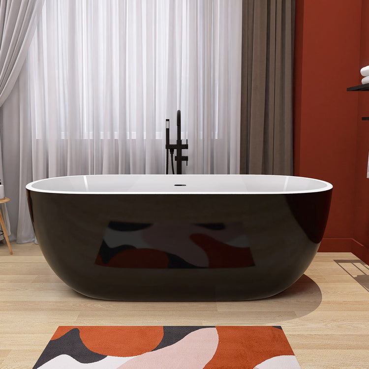 BESTGO Freestanding Bathtub 65 inch - Classic Oval Shaped Acrylic Free standing Tubs, Adjustable Soaking Tub with Linear Slotted Overflow and Removable Chrome Drain 65x29.5 Inch Glossy Black