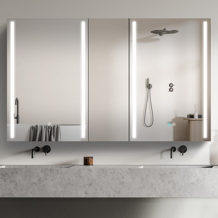 BESTGO Medicine Cabinets 50X30 LED Lighted Bathroom Medicine Cabinet Anti-fogger Dimmable Light Brightness 3X Magnifying Mirror Large Modern 3 Doors Medicine Cabinet White Alumimum Waterproof