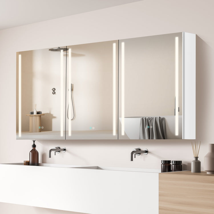 BESTGO Medicine Cabinets 60X30 LED Lighted Bathroom Medicine Cabinet Anti-fogger Dimmable Light Brightness Large Modern 3 Doors Medicine Cabinet White Alumimum Waterproof