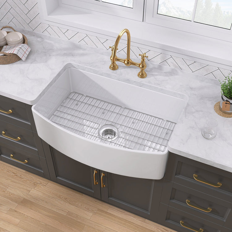 BESTGO White Farmhouse Sink 33 inch Curved Apron Front Farm Sink Fireclay Big Single Bowl Kitchen Sink Arc Shaped Deep Large Capacity with Accessories Protective Bottom Grid and Kitchen Sink Strainer