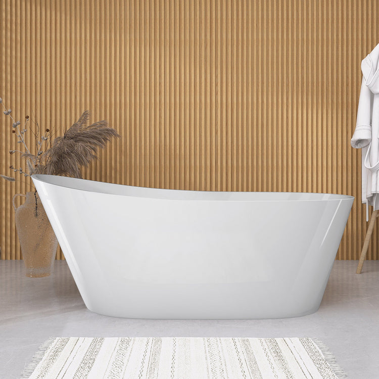 BESTGO Free Standing Tub 59 inch Oval Shape Acrylic Freestanding Bathtub Adjustable Alone Soaking Tub with Integrated Slotted Overflow and Chrome Pop-up Drain Anti-clogging Glossy White