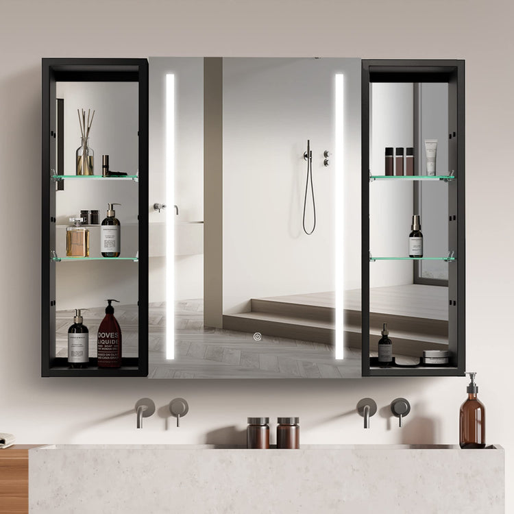 BESTGO Medicine Cabinets LED Lighted 40X30 Black Bathroom Medicine Cabinet with Lights Anti-Fog Function 3 Color Lights Dimmable Brightness Modern Design