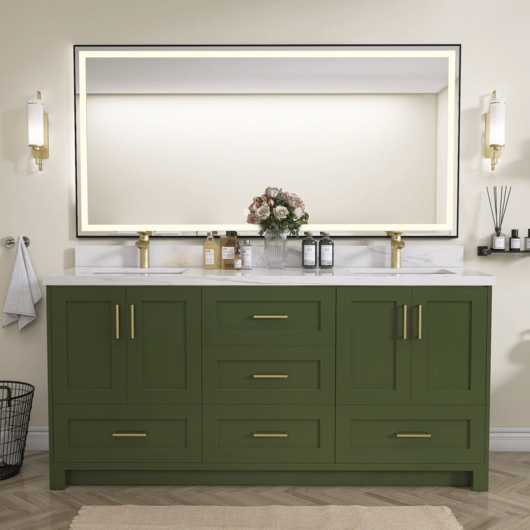 BESTGO 72" Bathroom Vanity Cabinet With Sink Combo Set, Modern Solid Wood Frame Bathroom Storage Vanity With Double Sink, Led Lighted Mirror, 5 Soft Closing Doors & 4 Full Extension Drawers