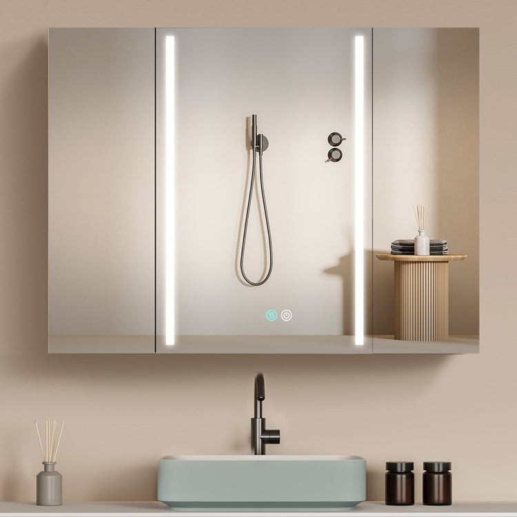 BESTGO Medicine Cabinets LED Lighted 40X30 Bathroom Medicine Cabinet Anti-Fog Function 3 Color Lights Dimmable Brightness Modern Three Doors Surface Mounted Aluminum Main Cabinet Left Door