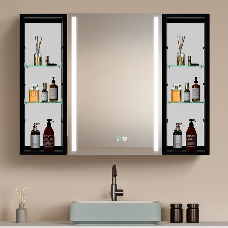 BESTGO Medicine Cabinets LED Lighted 40X30 Black Bathroom Medicine Cabinet with Lights Anti-Fog Function 3 Color Lights Dimmable Brightness Modern Design Right Door
