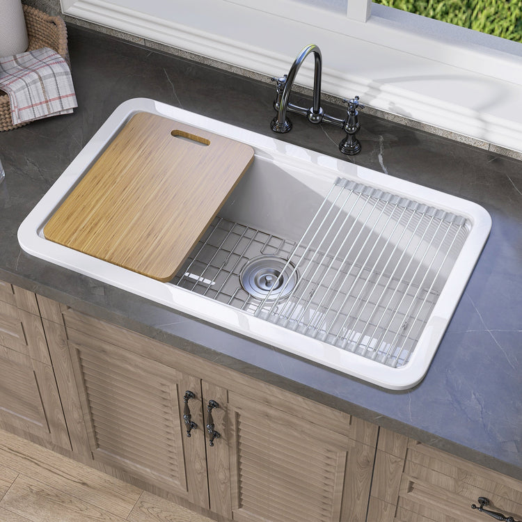 BESTGO Drop in Kitchen Sink 33 X 20 Topmount & Undermount Kitchen Sink Dual Mount White Kitchen Sink Single Bowl Fireclay Farmhouse Kitchen Sinks with Modern Accessory Kit