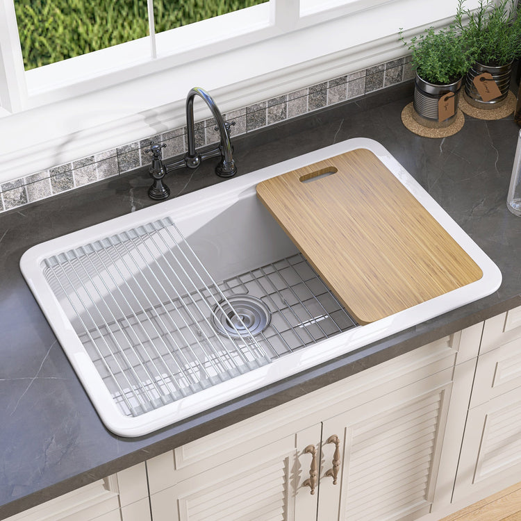 BESTGO White Kitchen Sink 33 X22 Fireclay Undermount Workstation Sink Drop In Kitchen Sink Large Deep Modern Sink with Accessaries Bottom Grid and Kitchen Sink Drain