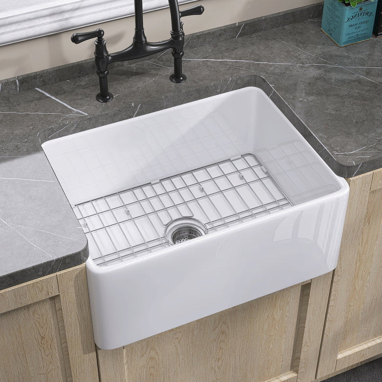 BESTGO Farmhouse Sink 24 Inch Fireclay Farm White Kitchen Sink Apron Front Large Deep Porcelain Single Bowl with Modern Style Protective Bottom Grid and Kitchen Sink Drain