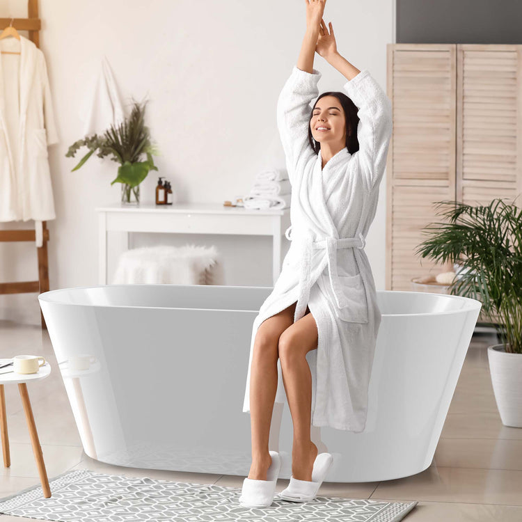 BESTGO Acrylic Freestanding Bathtub 67 inch Classic Oval Shape Soaking Tub Adjustable Free Standing Tub with Integrated Slotted Overflow and Chrome Pop-up Drain Anti-clogging Glossy White