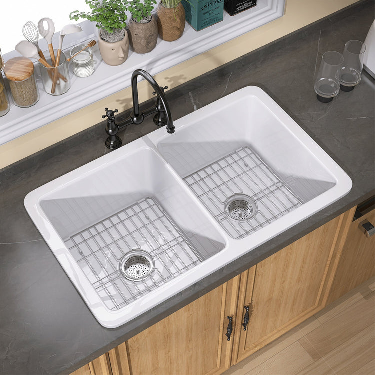 BESTGO Drop in Kitchen Sink 32 X 19 Topmount & Undermount Kitchen Sink Dual Mount White Kitchen Sink Double Bowl Fireclay Farmhouse Kitchen Sinks with Modern Accessory Kit