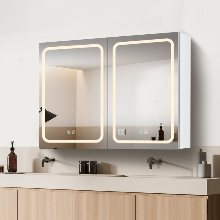 BESTGO LED Mirror Lighted Medicine Cabinet 40x30 inch Double Door Bathroom Medicine Cabinets with Lights Large Capacity Surface Wall Mounted with Defogger 3 Color Adjustable Lighting Dimmer Aluminum