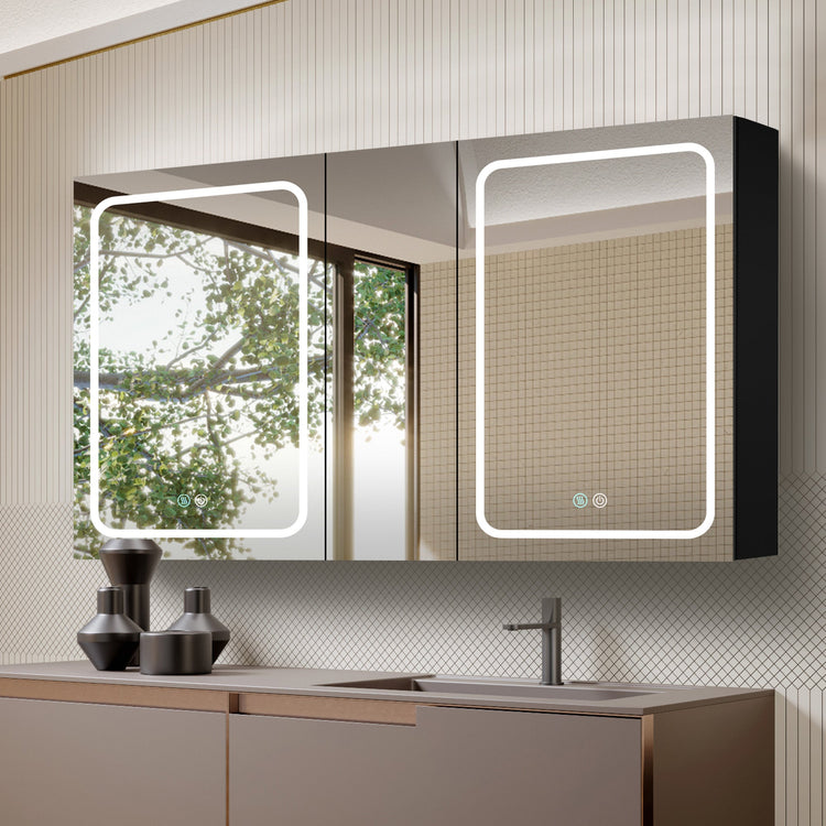 BESTGO Lighted Medicine Cabinets 50x30 inch LED Medicine Cabinet Mirror for Bathroom Black Aluminum Surface Mount Anti-fogger Function 3 Color Temperature Adjustable Brightness