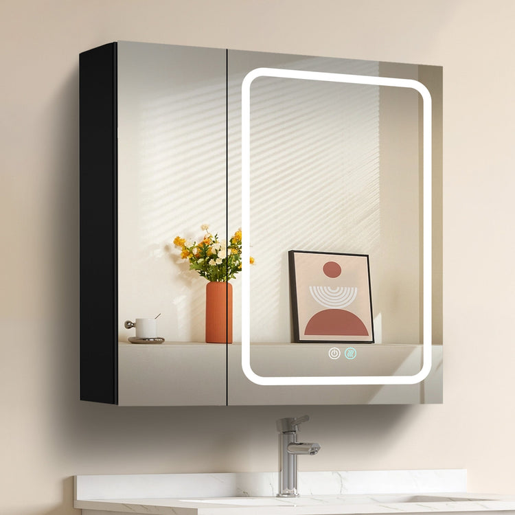BESTGO 30x30 inch Lighted Medicine Cabinets LED Medicine Cabinet Mirror for Bathroom Black Aluminum Surface Mount Anti-fogger Function 3 Color Temperature Adjustable Brightness