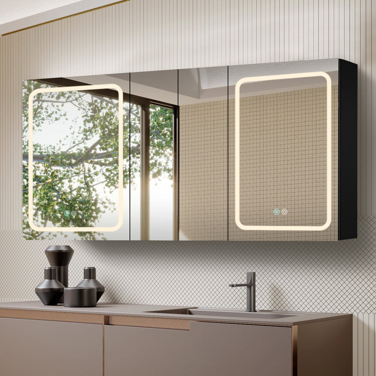 BESTGO Lighted Medicine Cabinets 60x30 inch LED Medicine Cabinet Mirror for Bathroom Black Aluminum Surface Mount Anti-fogger Function 3 Color Temperature Adjustable Brightness