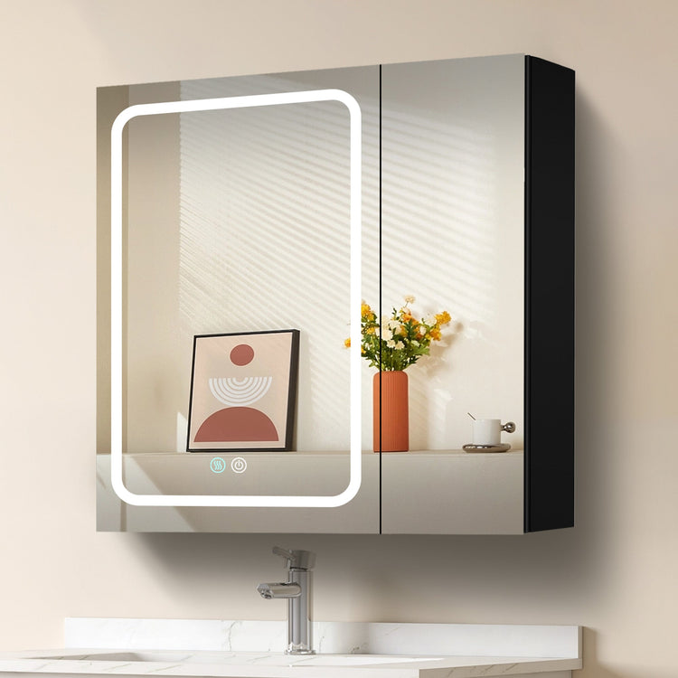 BESTGO 30x30 inch Lighted Medicine Cabinets LED Medicine Cabinet Mirror for Bathroom Black Aluminum Surface Mount Anti-fogger Function 3 Color Temperature Adjustable Brightness