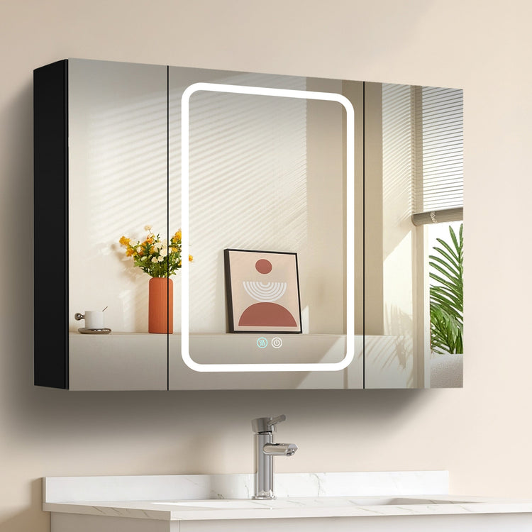 BESTGO Lighted Medicine Cabinets 40x30 inch LED Medicine Cabinet Mirror for Bathroom Black Aluminum Surface Mount Anti-fogger Function 3 Color Temperature Adjustable Brightness