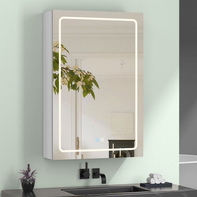 BESTGO Medicine Cabinets LED Lighted Medicine Cabinet with Lights Dimmer Defogger White Aluminum Bathroom Medicine Cabinet Adjustable Glass Shelves 30x20 inch White Left Hinge