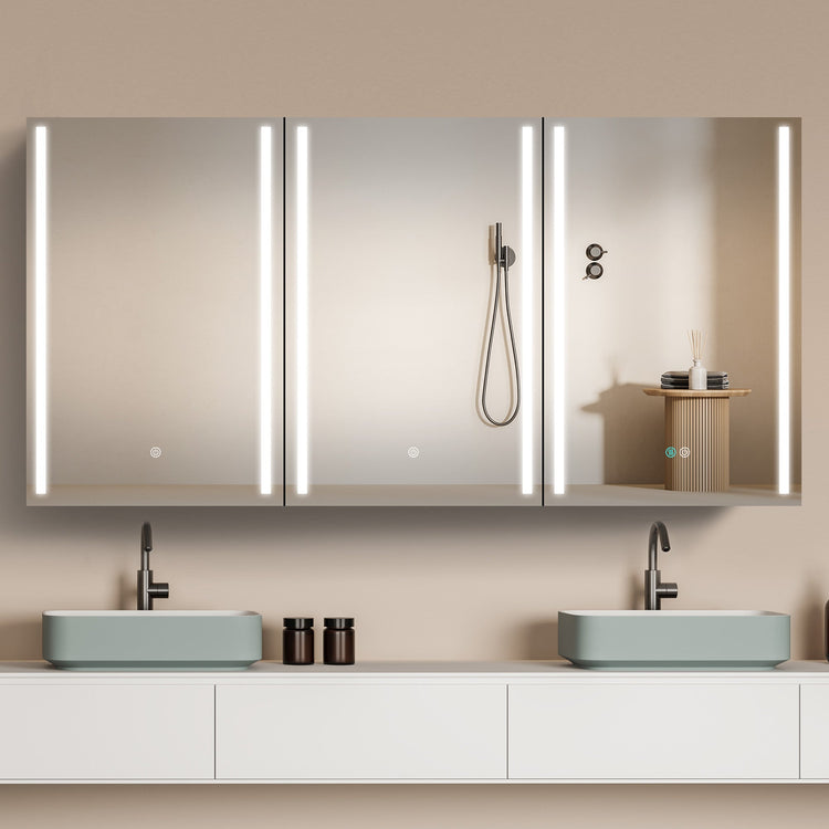 BESTGO Medicine Cabinets 60X30 LED Lighted Bathroom Medicine Cabinet 3X Magnifying Mirror Anti-fogger Dimmable Light Brightness Large Modern 3 Doors Medicine Cabinet White Alumimum Waterproof