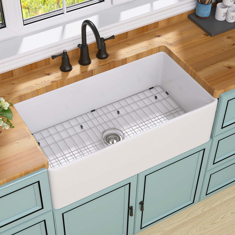 BESTGO Farmhouse Sink 36" Fireclay Apron Front Farm Sink Deep Single Bowl White Kitchen Sinks with Premium Accessories Protective Bottom Grid and Strainer
