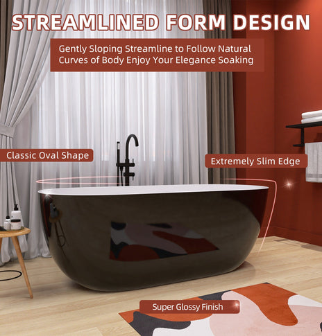 BESTGO Freestanding Bathtub 65 inch - Classic Oval Shaped Acrylic Free standing Tubs, Adjustable Soaking Tub with Linear Slotted Overflow and Removable Chrome Drain 65x29.5 Inch Glossy Black