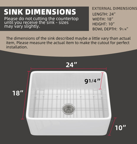 BESTGO Farmhouse Sink 24 Inch Fireclay Farm White Kitchen Sink Apron Front Large Deep Porcelain Single Bowl with Modern Style Protective Bottom Grid and Kitchen Sink Drain