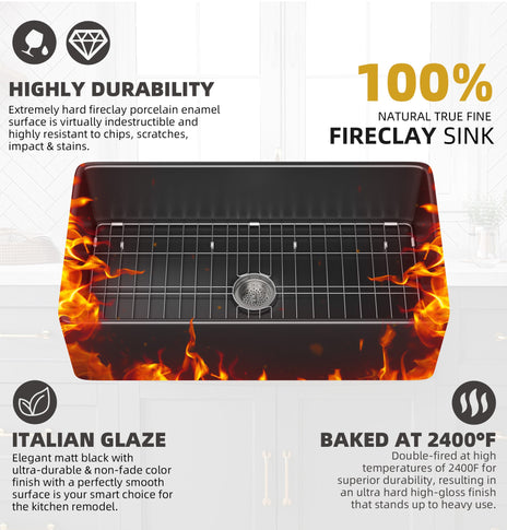 BESTGO Farmhouse Sink 33 Inch Fireclay Matte Black Kitchen Sink Apron Front Large Deep Single Bowl Farm house Sink with Accessaries Stainless Steel Bottom Grid and Kitchen Sink Drain