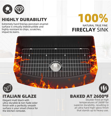 BESTGO Black Farmhouse Sink 33" L X 21" W Fireclay Apron Front Farm Sink Large Capacity Deep Curved Kitchen Sinks with Accessories Protective Bottom Grid and Strainer