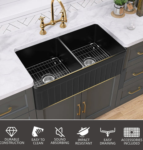 BESTGO Black Farmhouse Sink 33 inch Fireclay Apron Front Farm Sink Large Capacity Deep Double Bowl Kitchen Sinks with Accessories Protective Bottom Grid and Strainer