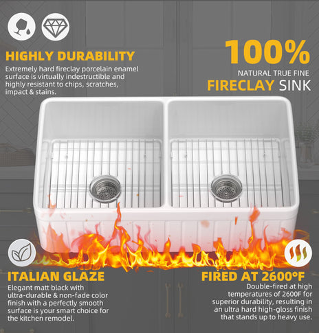 BESTGO Farmhouse Sink Double Bowl 33 x 18 Inch White Kitchen Sink Apron Fireclay Farm Sink Reversible Decor Fluted Undermount Kitchen Sink with Custom Bottom Grid and Sink Strainer