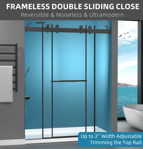 BESTGO Shower Doors 57-60"W x 79"H Frameless Glass Shower Door Double Sliding with Upgraded Soft Close Anti-Jumping System 3/8 inch Tempered Glass Noiseless & Width Adjustable Matte Black