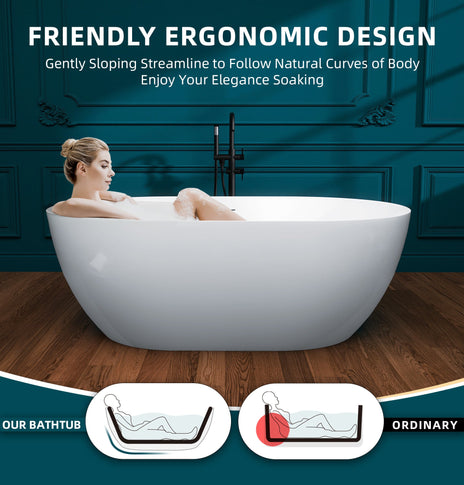 BESTGO Free Standing Tub Acrylic 51inch, Curve Edge Freestanding Bathtub, Adjustable Soaking Tub Alone with Integrated Slotted Overflow and Removable Chrome Drain Anti-clogging Glossy White