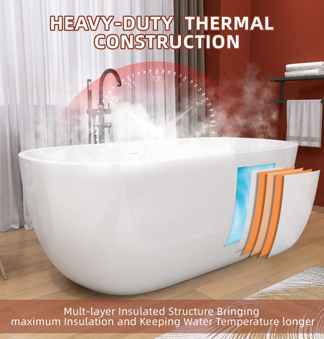 BESTGO Acrylic Free standing Tub 65 inch Double Walled Insulation Freestanding Bathtub, Adjustable Soaking Tub with Linear Slotted Overflow and Removable Chrome Drain 65x29.5 Inch glossy White