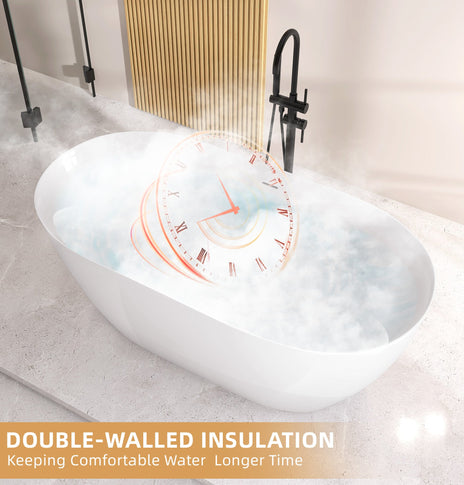 BESTGO Free Standing Tub Acrylic 55inch Curve Edge Freestanding Bathtub Adjustable Soaking Tub Alone with Integrated Slotted Overflow and Removable Chrome Drain Anti-clogging Glossy White