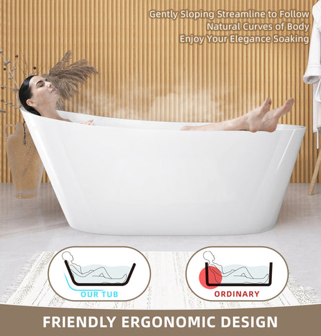 BESTGO Free Standing Tub 59 inch Oval Shape Acrylic Freestanding Bathtub Adjustable Alone Soaking Tub with Integrated Slotted Overflow and Chrome Pop-up Drain Anti-clogging Glossy White