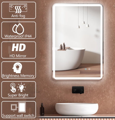 BESTGO 24 in. W x 36 in. H Large Rectangular Frameless Anti-Fog Dimmable Wall Mounted Lighted Bathroom Vanity Mirror in Silver