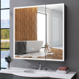 BESTGO LED Lighted Medicine Cabinet with Mirror for Bathroom 30x30 Double Door Surface Wall Mount Flip-Out Magnifying Mirror Door Storage Defogger 3 Color Lighting Dimmer Medicine Cabinets Black