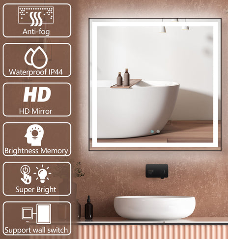36 in. W x 36 in. H Large Square Framed Defogger Touch Sencer Wall Mounted LED Lighted Bathroom Vanity Mirror in Black
