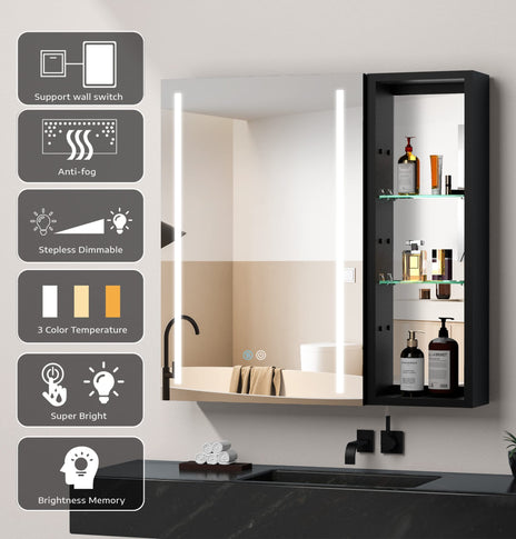 BESTGO Medicine Cabinets LED Lighted 40X30 Black Bathroom Medicine Cabinet with Lights Anti-Fog Function 3 Color Lights Dimmable Brightness Modern Design